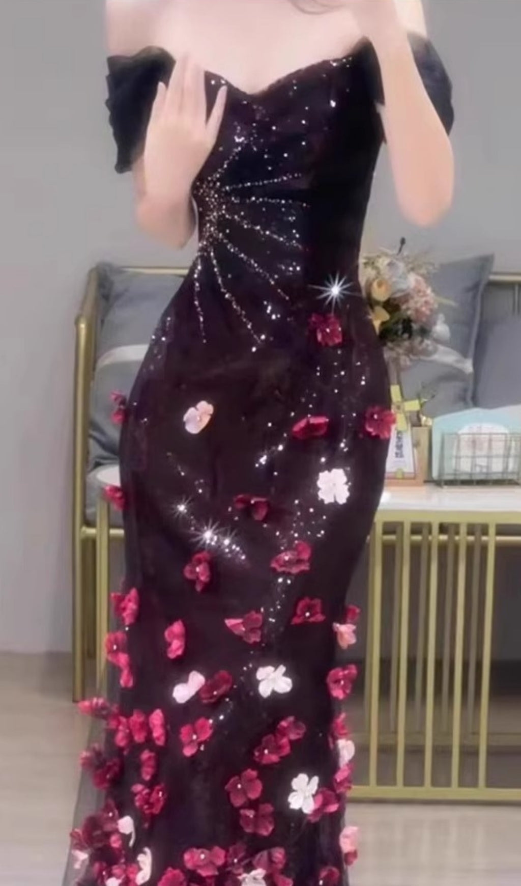 Edlina Enchanting Off-Shoulder Sequin Maxi Gown with 3D Floral Appliques