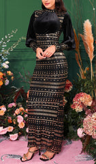 Chalise Glamorous Gold Sequin & Velvet Long Sleeve Maxi Dress