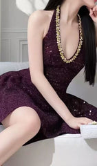 Eileen Dazzling Purple Sequin Halter Mini Dress with Gold Accents