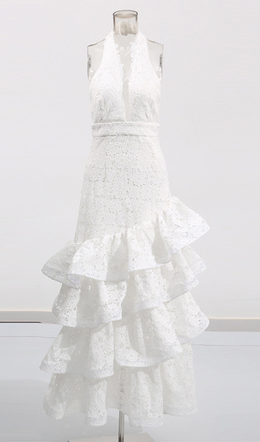 Ellie White Halter Lace Tiered Ruffle Maxi Dress