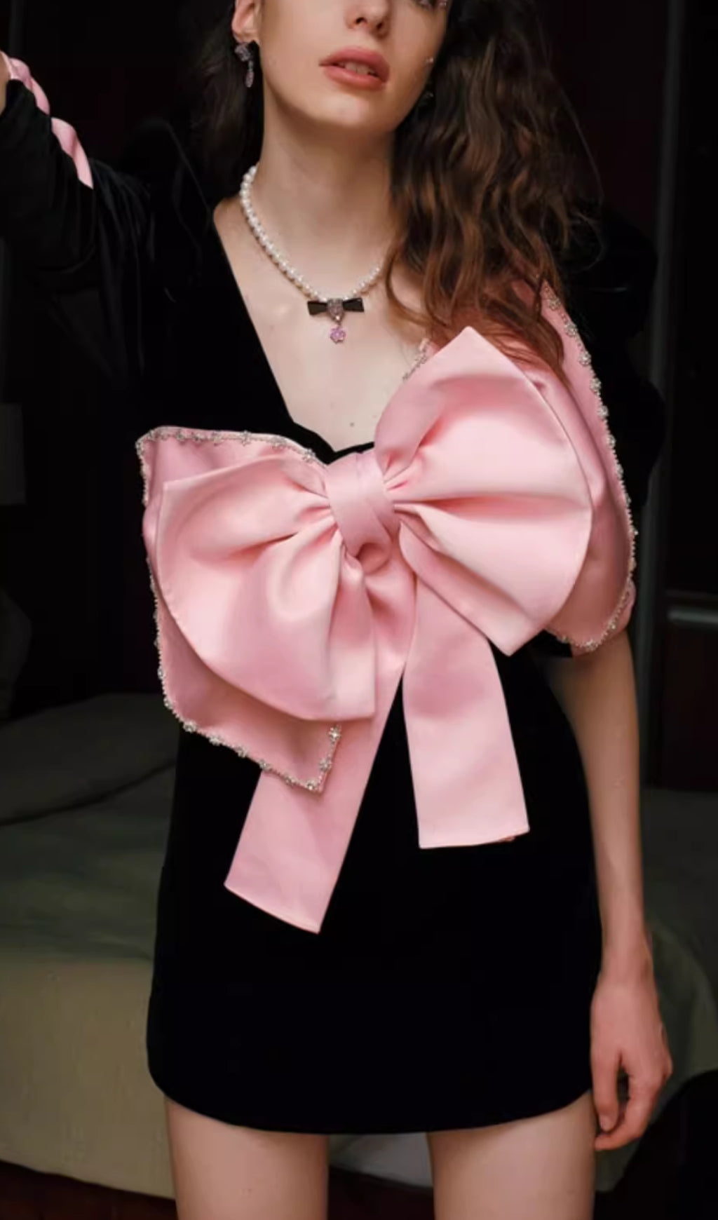 Arevik Black Velvet Mini Dress with Oversized Pink Bow