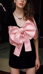Arevik Black Velvet Mini Dress with Oversized Pink Bow