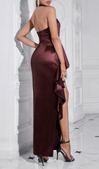 Burris Halter Ruched Satin Maxi Dress with High Slit