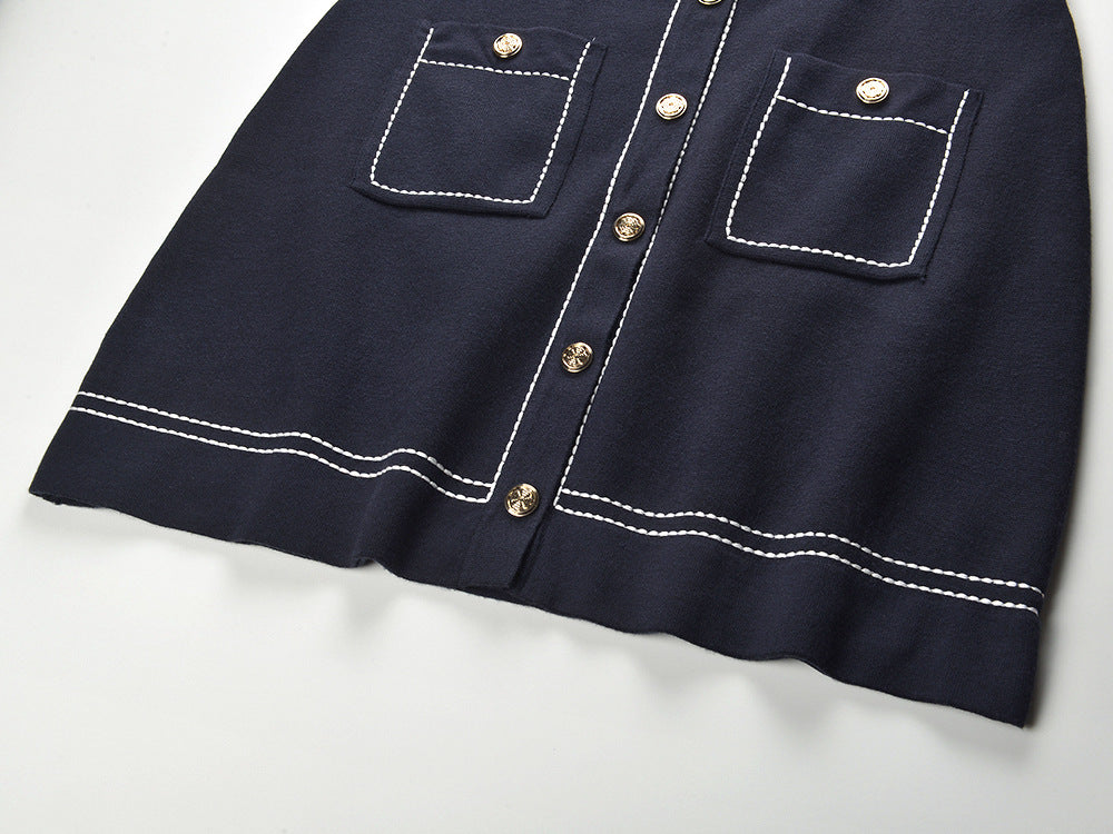 Chic Black Topstitched Knit Shift Dress with Gold Buttons