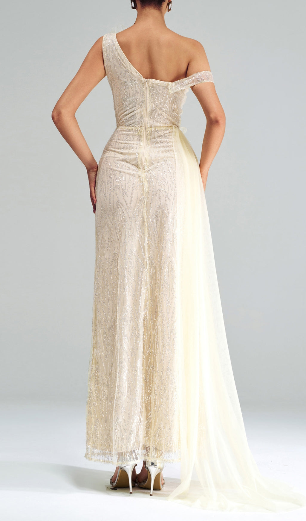 Capella One-Shoulder Ruffle Sequin Maxi Gown with High Slit