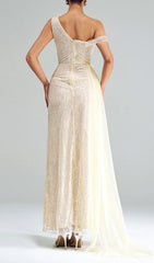 Capella One-Shoulder Ruffle Sequin Maxi Gown with High Slit