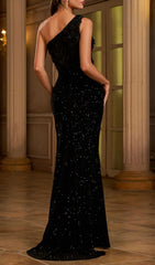 Haleigh Black One-Shoulder Sequin Maxi Dress with Slit
