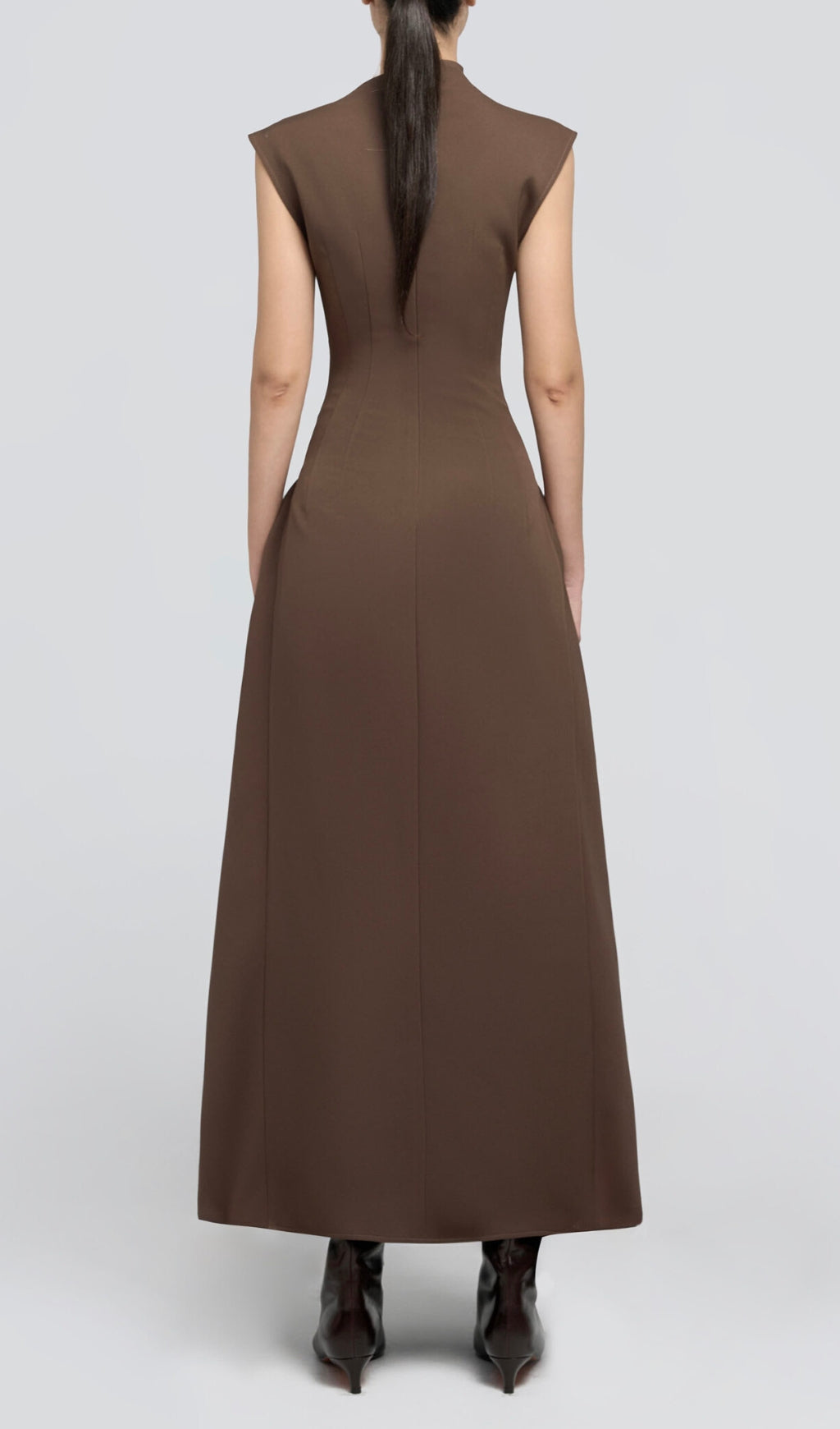 Sophisticated Brown A-Line Maxi Dress with Unique Asymmetric Neck & Side Hardware