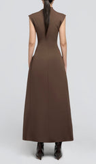 Sophisticated Brown A-Line Maxi Dress with Unique Asymmetric Neck & Side Hardware