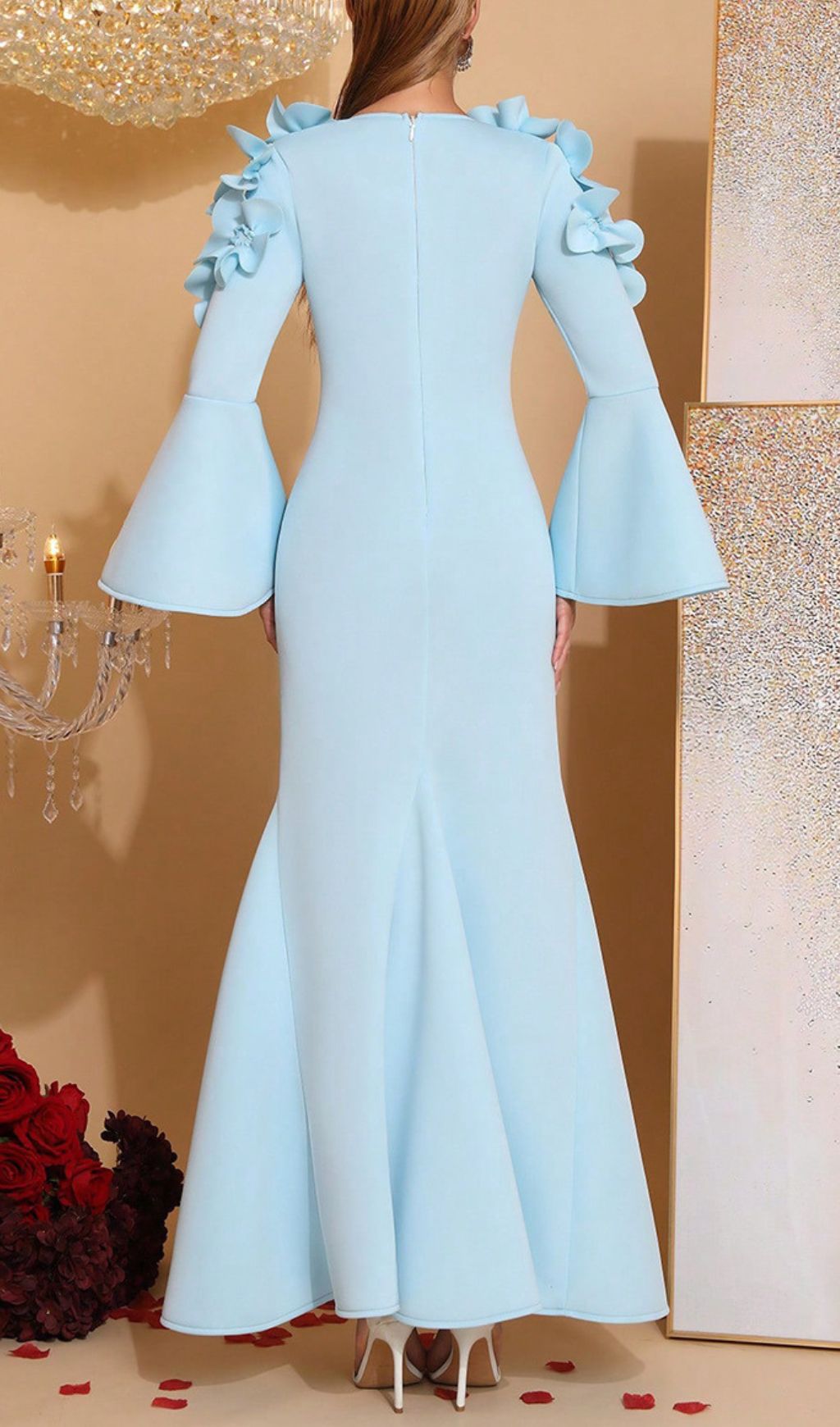 Hatice Blue Floral Bell Sleeve Maxi Gown