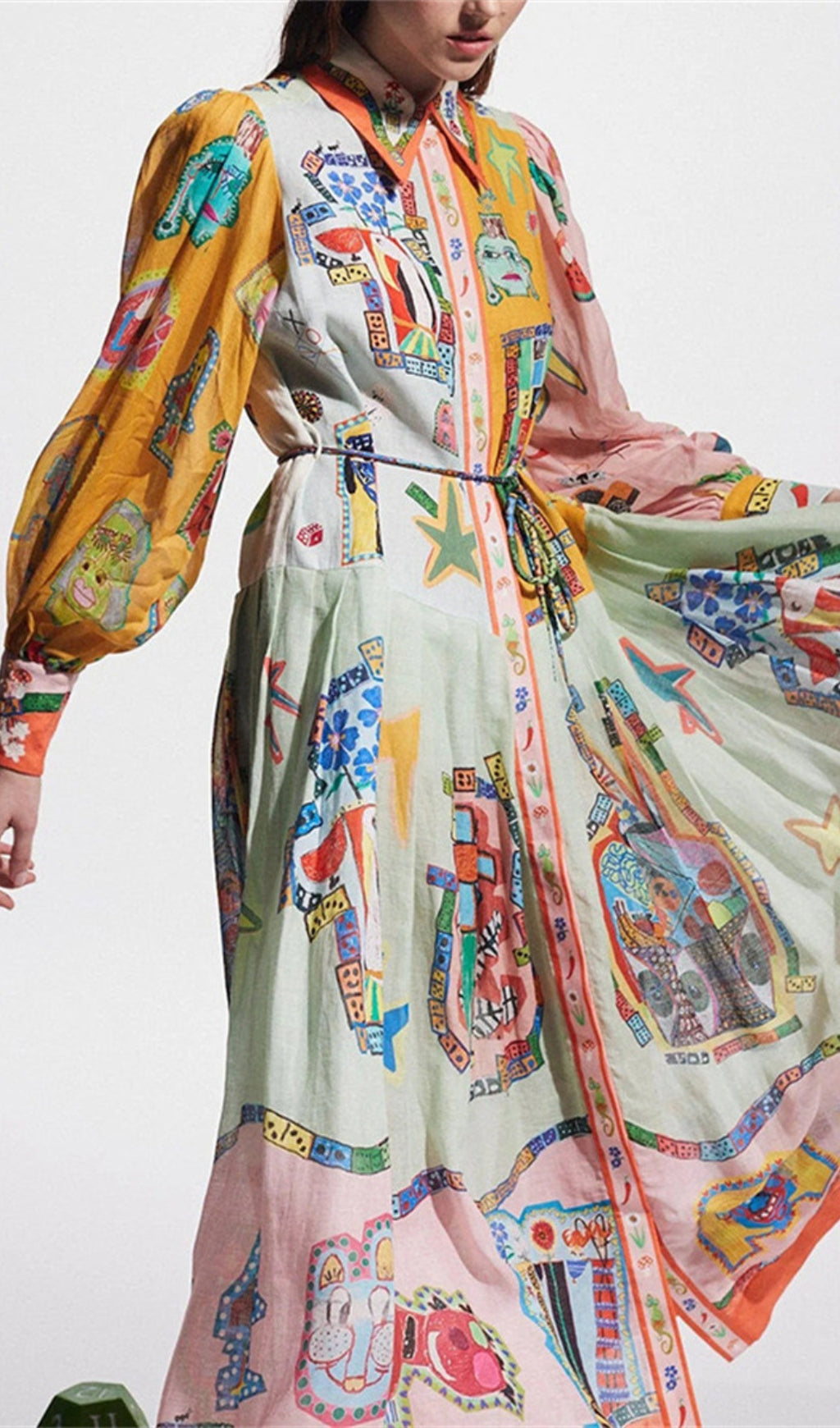 Ceara Whimsical Art Print Long Sleeve Midi Shirt Dress