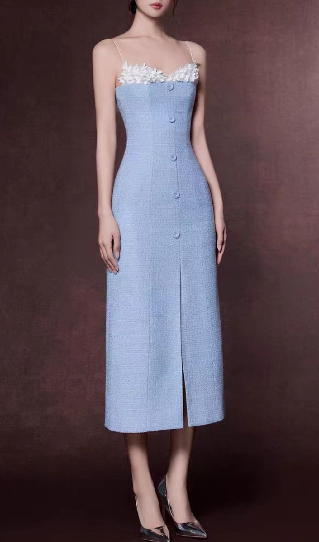 Juana Blue Floral Tweed Strappy Slit Midi Dress