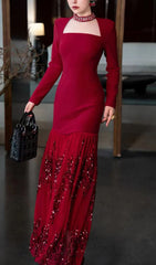 Ioana Glamorous Red Sequin Long Sleeve Maxi Dress