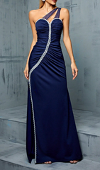 Genova Elegant Navy One-Shoulder Ruched Maxi Gown for Women