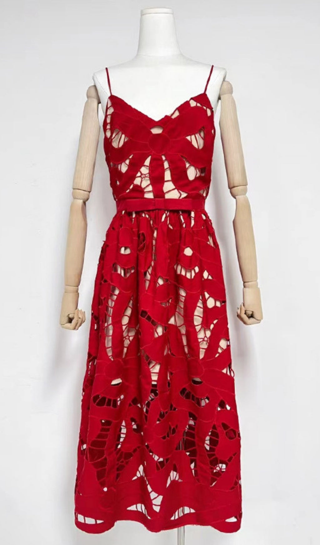 Fay Red Cutout Embroidery Strappy Midi Dress