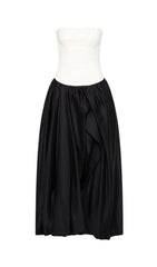 Elegant Strapless Ruched Black & White Colorblock Maxi Dress
