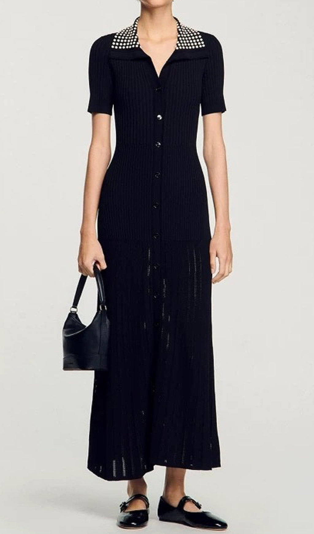 Eliana Embellished Lapel Ribbed Knit Maxi Dress