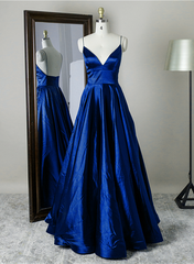 Royal Blue Satin Straps V-neckline Long Formal Dress