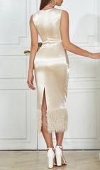 Accalia Luminous Apricot Satin Feather Trim Midi Dress