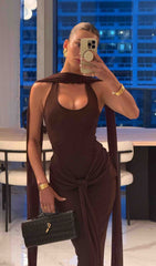 Guoda Luxe Coffee Brown Halter Maxi Dress with Chic Knot Detail