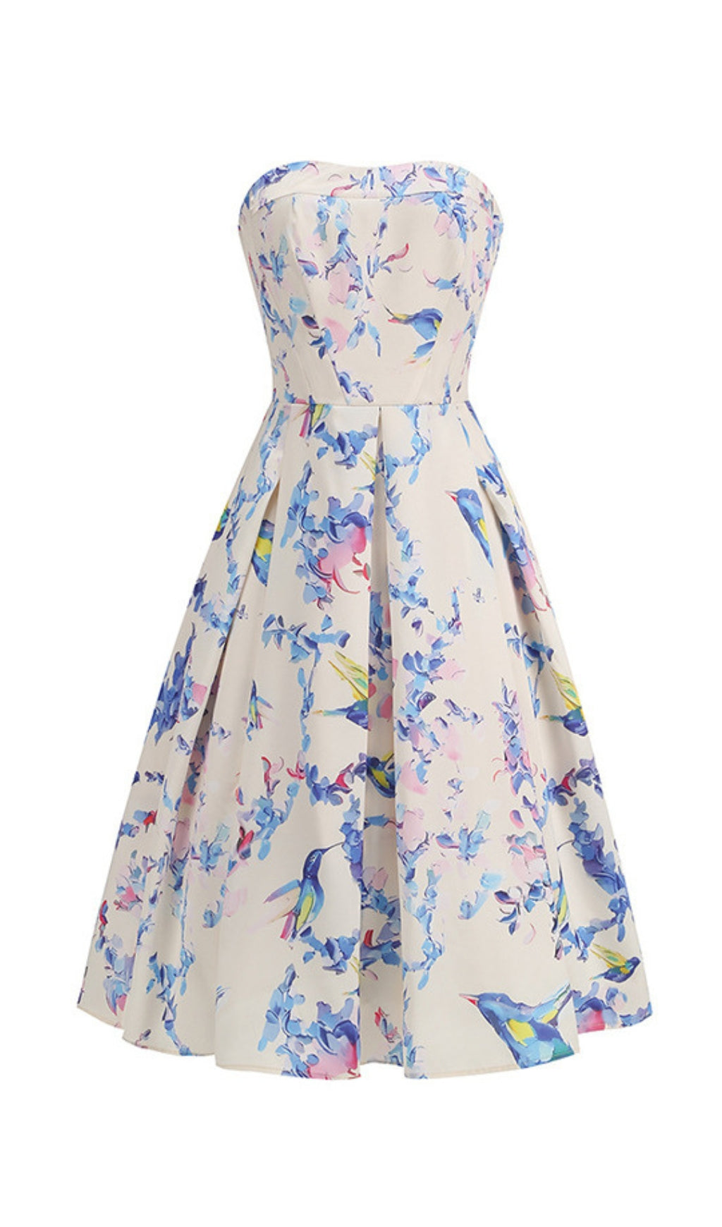 Elegant Hummingbird Floral Strapless A-Line Midi Dress