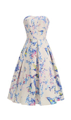 Elegant Hummingbird Floral Strapless A-Line Midi Dress
