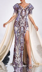 Dazzling Sequin & Cape Slit Maxi Gown