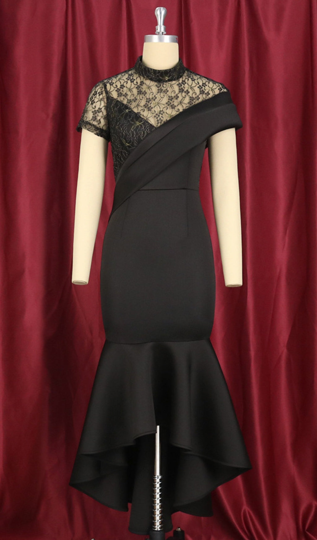 Bader Black Lace Asymmetrical Ruffle Midi Dress