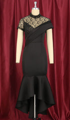 Bader Black Lace Asymmetrical Ruffle Midi Dress