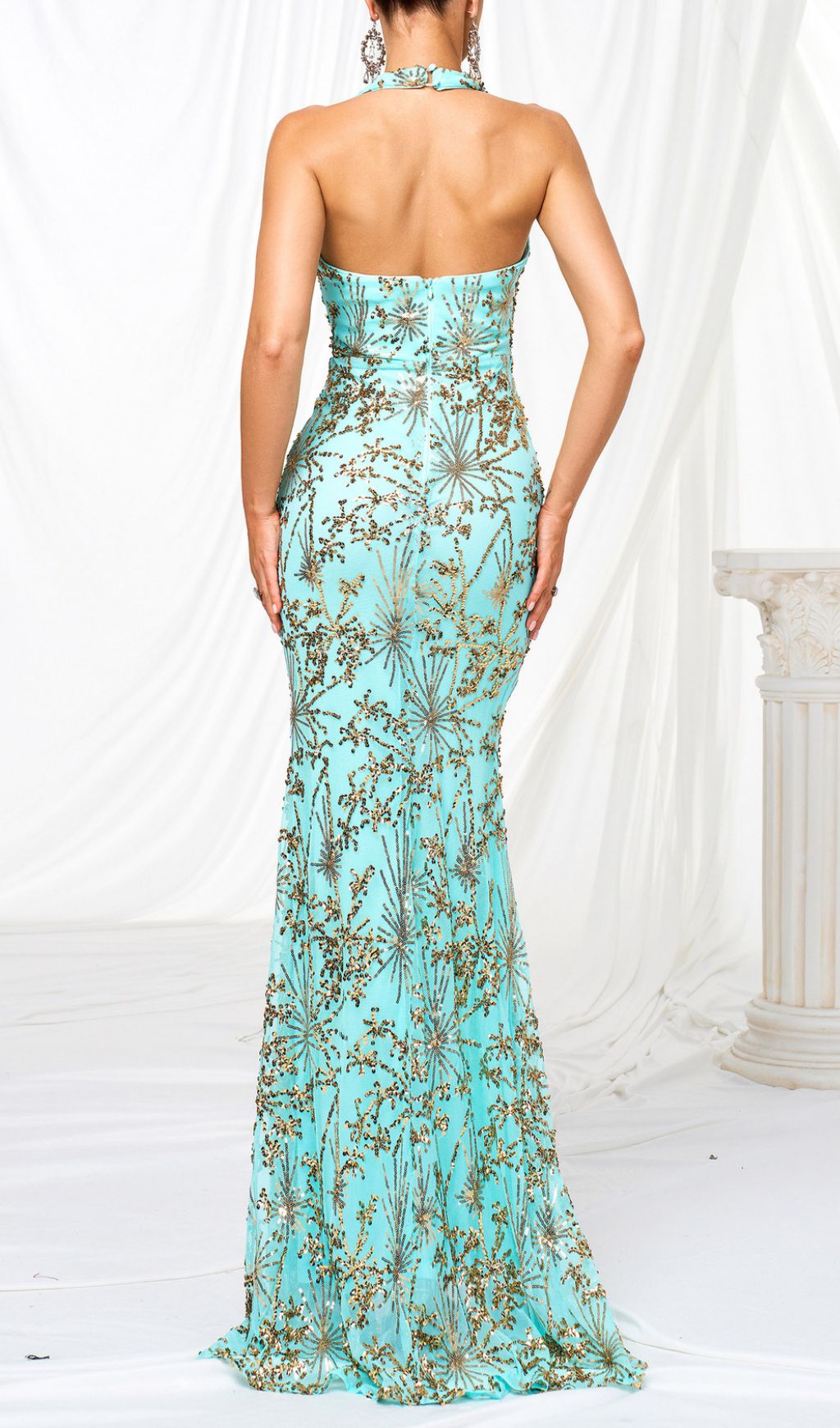 Fiadh Teal Sequin Halter Maxi Dress with Daring Slit