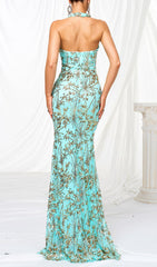 Fiadh Teal Sequin Halter Maxi Dress with Daring Slit