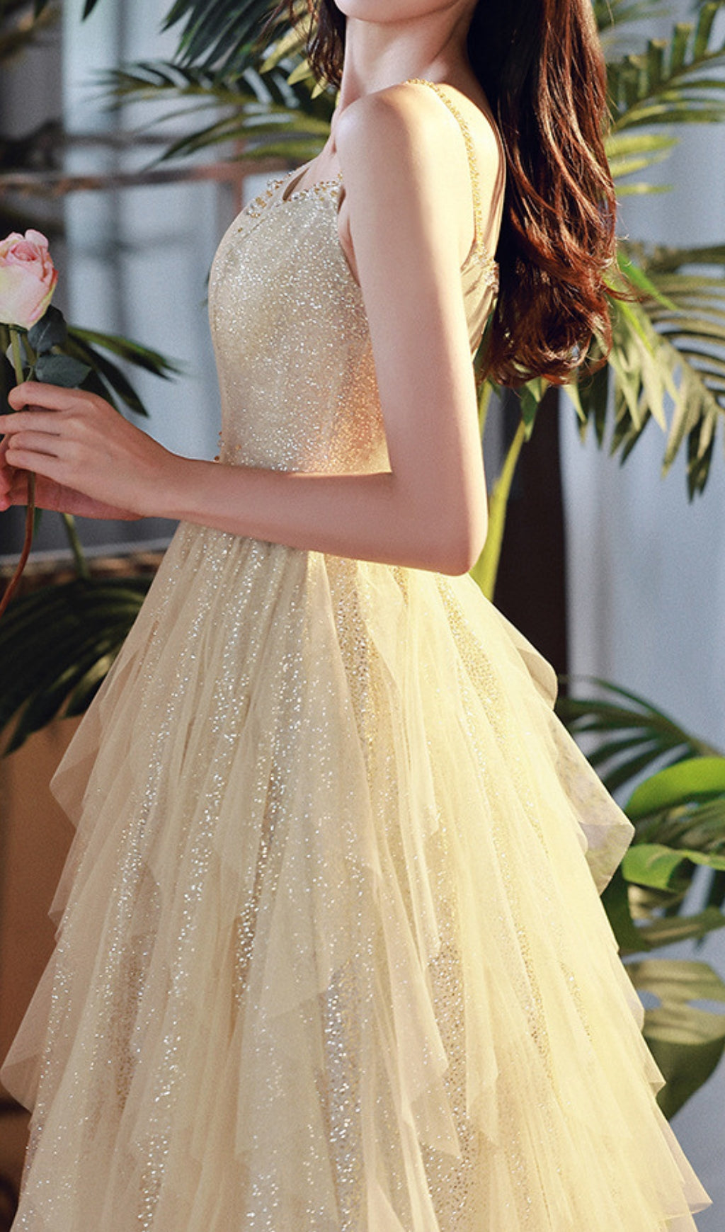 Chinara Sparkling Champagne Tiered Mesh Maxi Gown