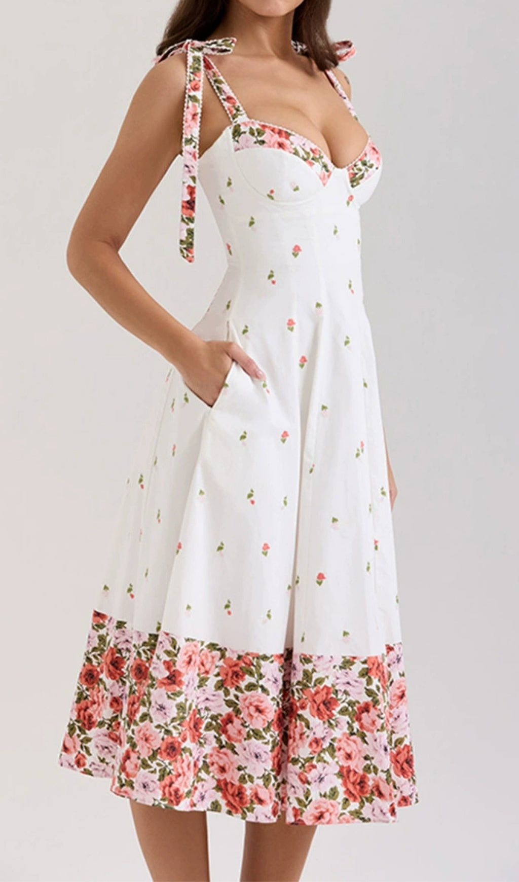 Florian Romantic Floral Tie-Shoulder Midi Dress