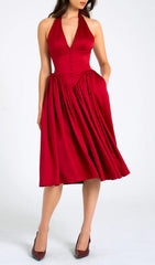 Chrissy Red Plunging Halter Backless Midi Dress