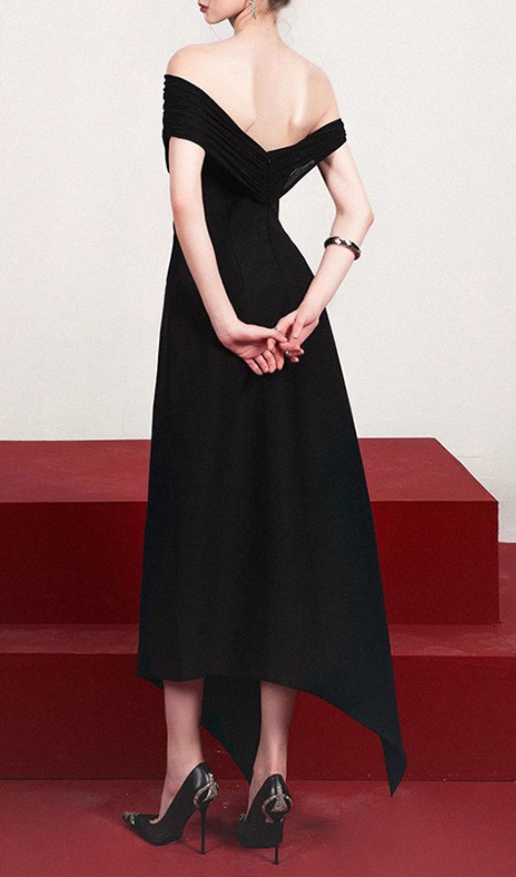 Iris Black Off-Shoulder Asymmetrical Maxi Dress