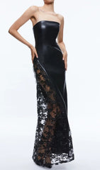 Caley Black Strapless Leather & Sheer Lace Maxi Dress