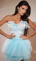 Kalene Dreamy Sky Blue Embroidered Strapless Tulle Ruffle Cocktail Dress