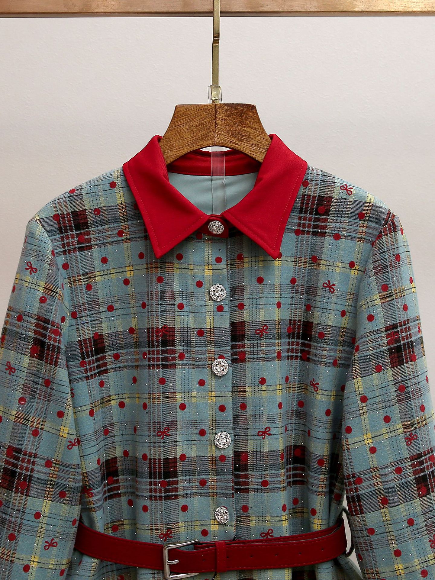 Humla Plaid Bow Mini Dress with Red Collar & Belt