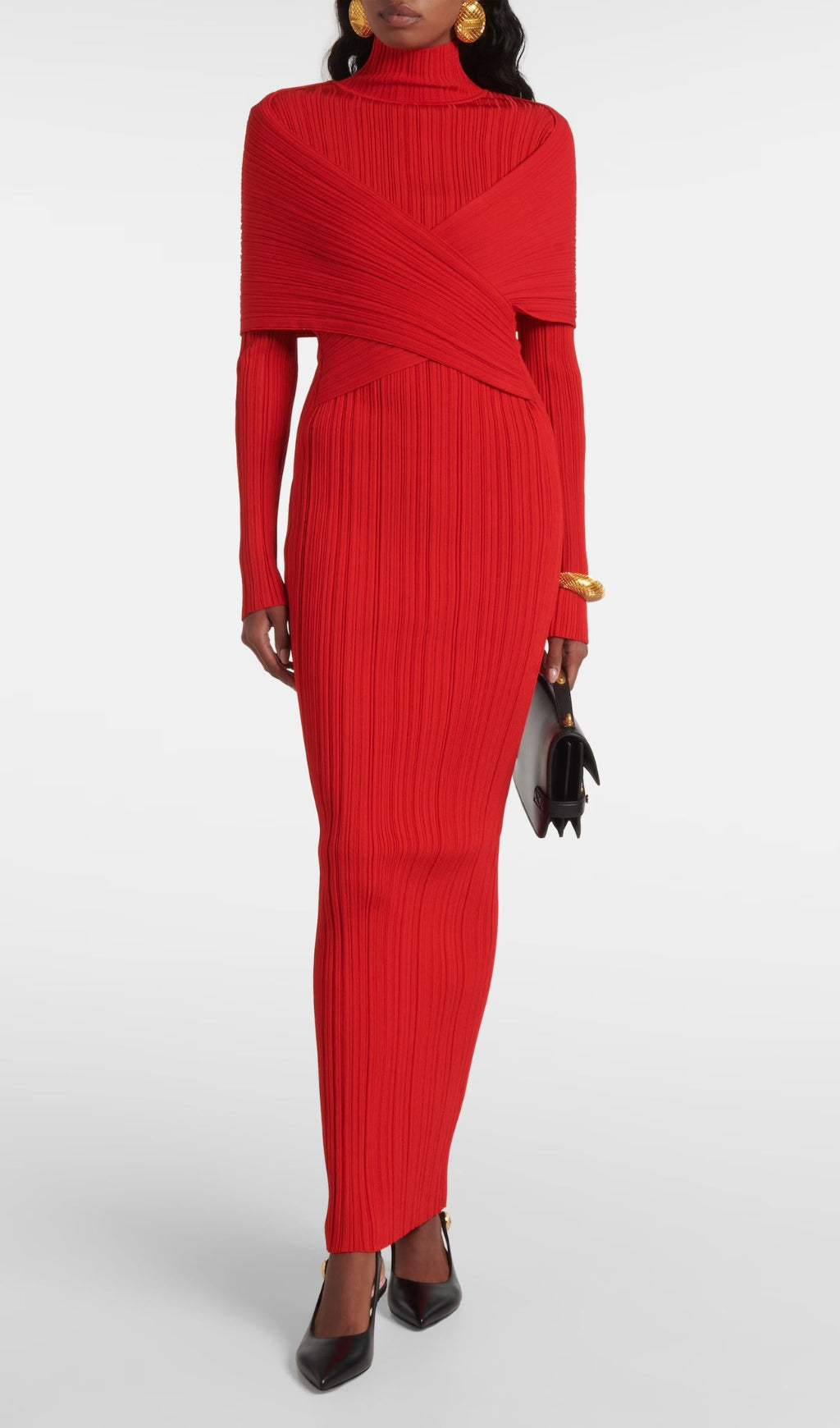 Carwen Red Ribbed Knit Cross-Over Maxi Dress