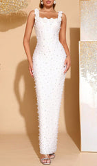 Habiba White Pearl & Floral Beaded Bandage Maxi Gown
