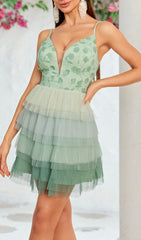 Stunning Haroun Green Floral Applique Tiered Mesh Mini Dress