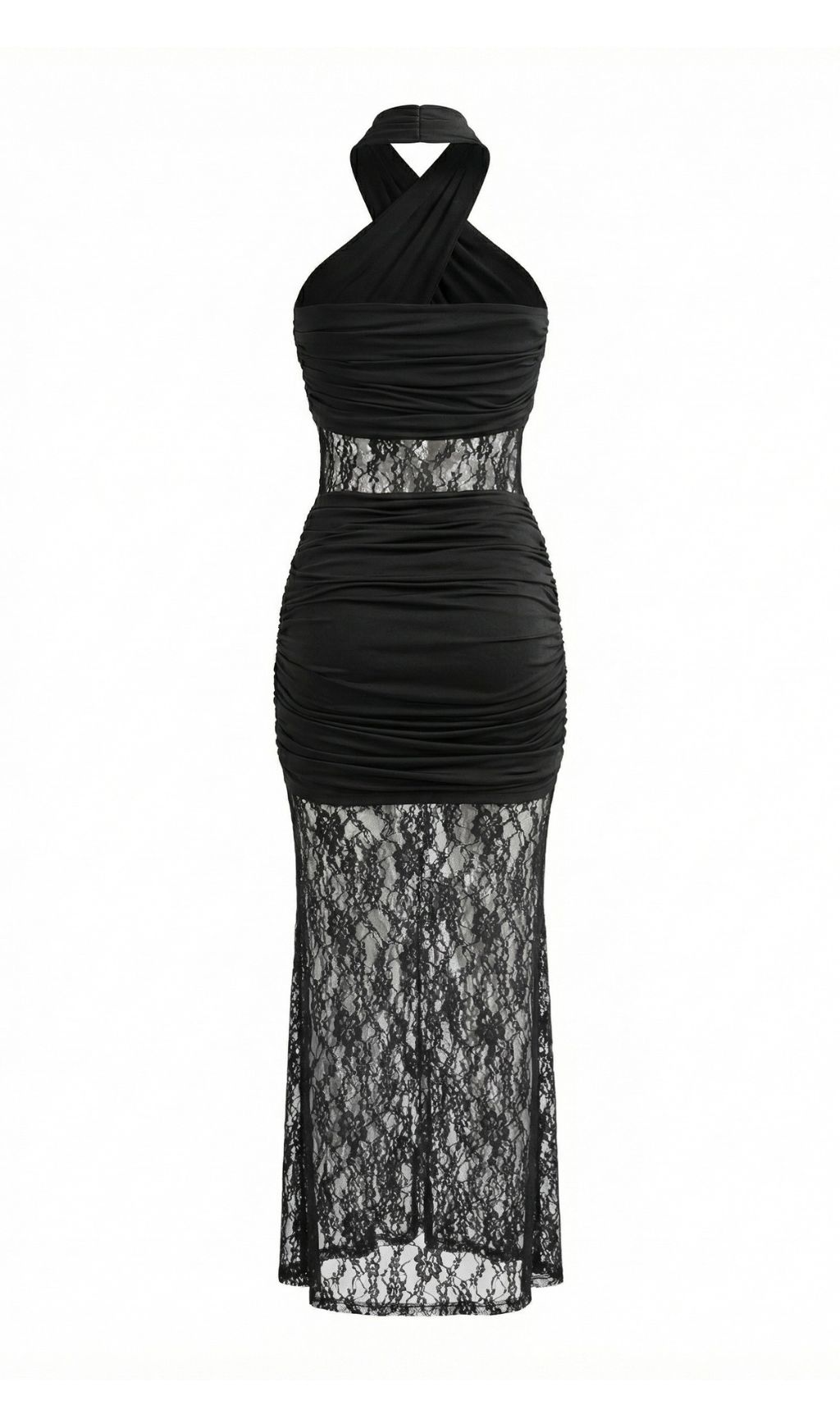 Jaelle Black Halter Lace Ruched Maxi Dress