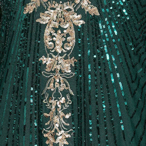 Crispina Emerald Green Sequin & Gold Embellished Long Sleeve Midi Dress