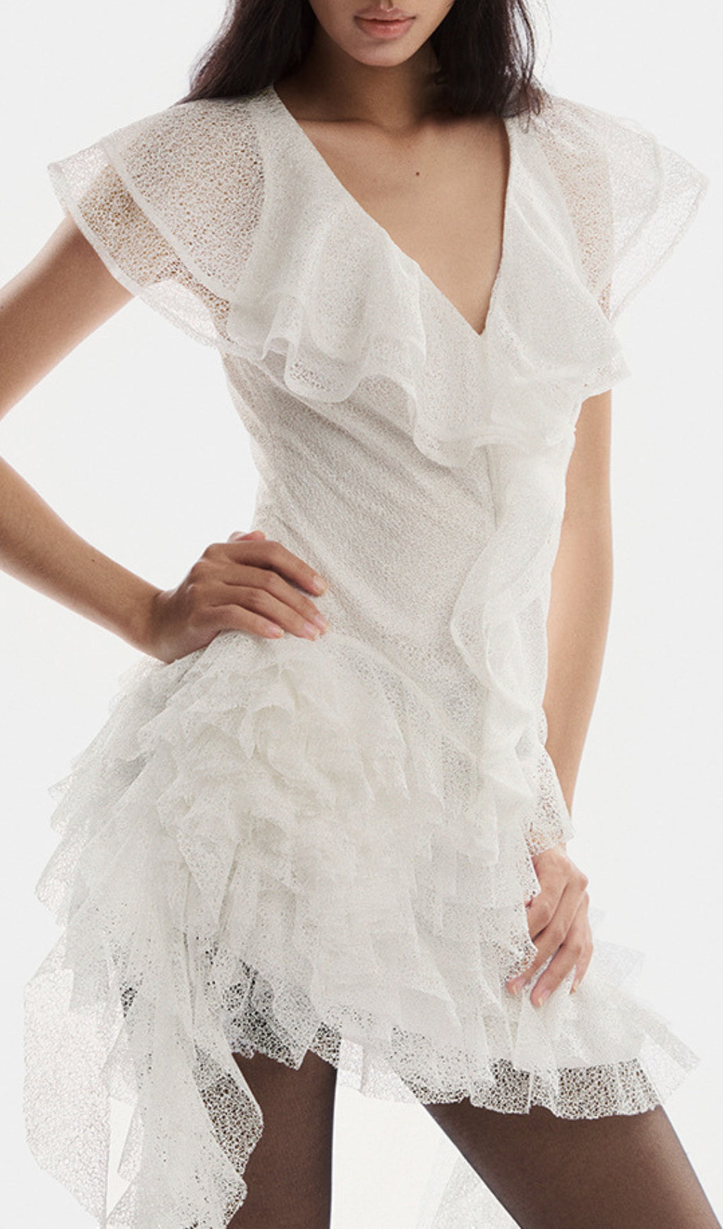 Dorsey Whimsical White Ruffle High-Low Mini Dress