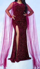 Glamorous Castor Red Sequin Plus Size Maxi Dress with Dramatic Cape & Slit