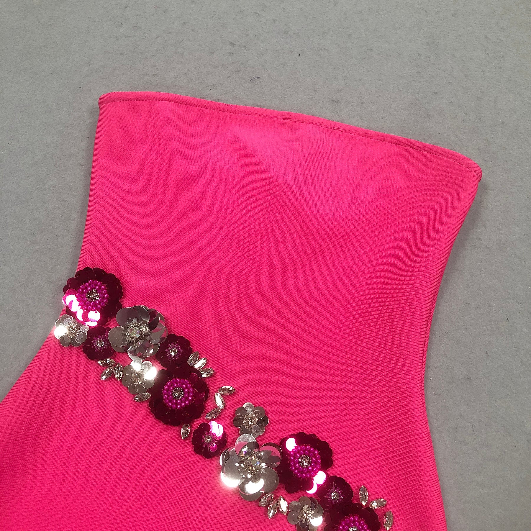 Fuchsia Pink Strapless Floral Sequin Bandage Maxi Gown