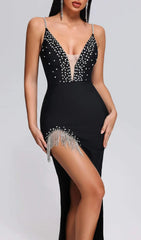 Dazzling Black Diamante High Slit Maxi Bandage Dress