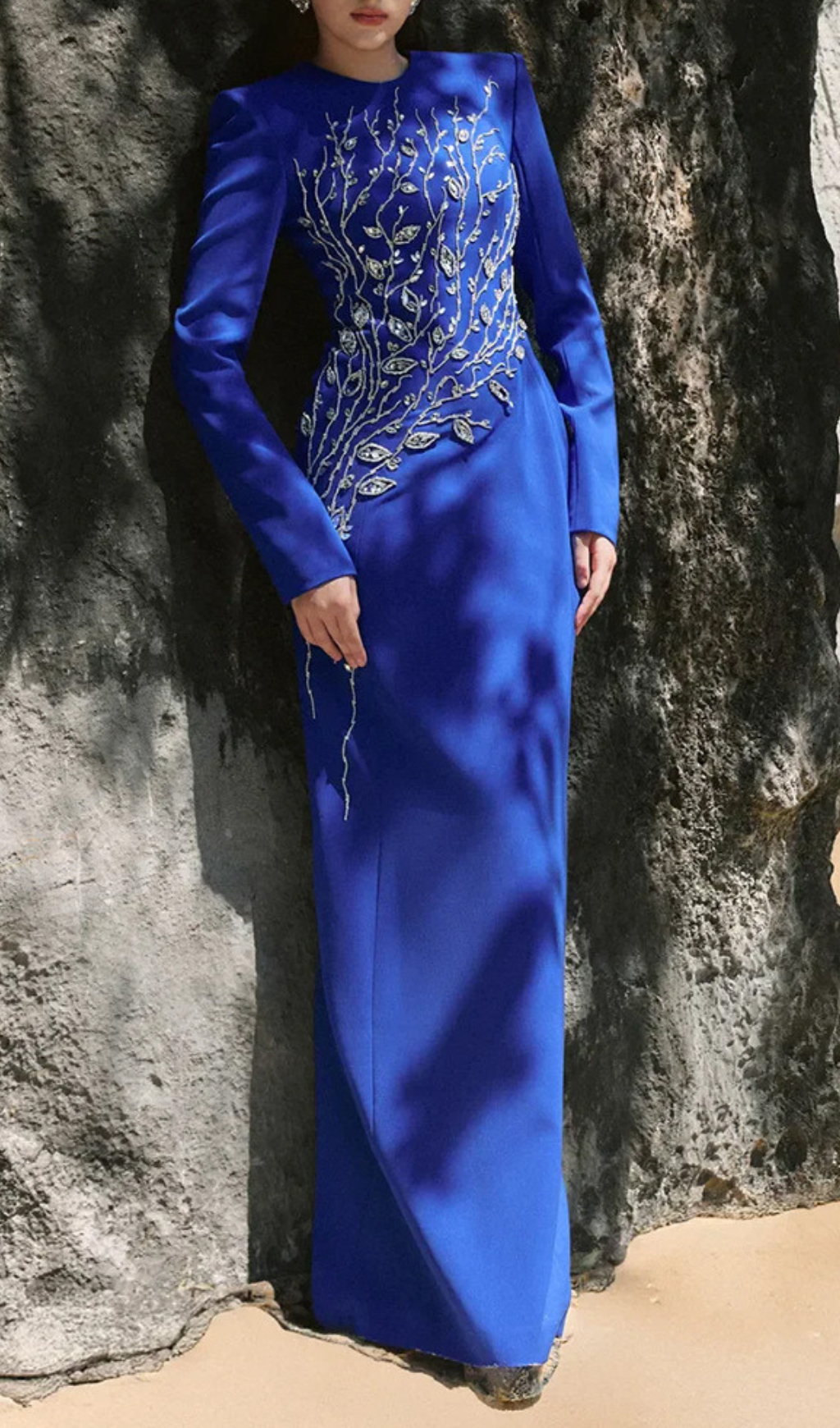 Gaiana Dazzling Crystal Long Sleeve Maxi Gown