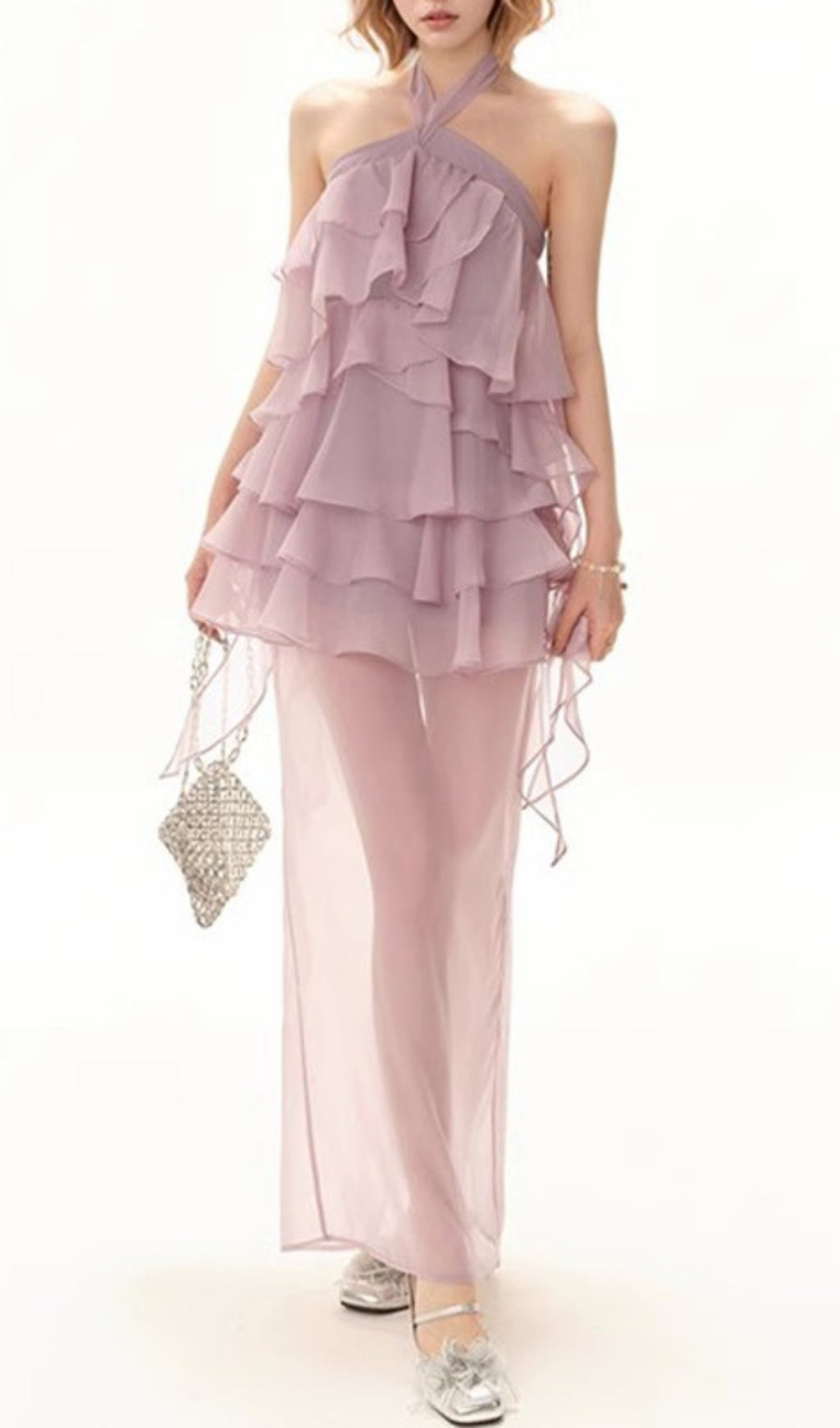 Farah Ethereal Lavender Halter Ruffle Maxi Dress
