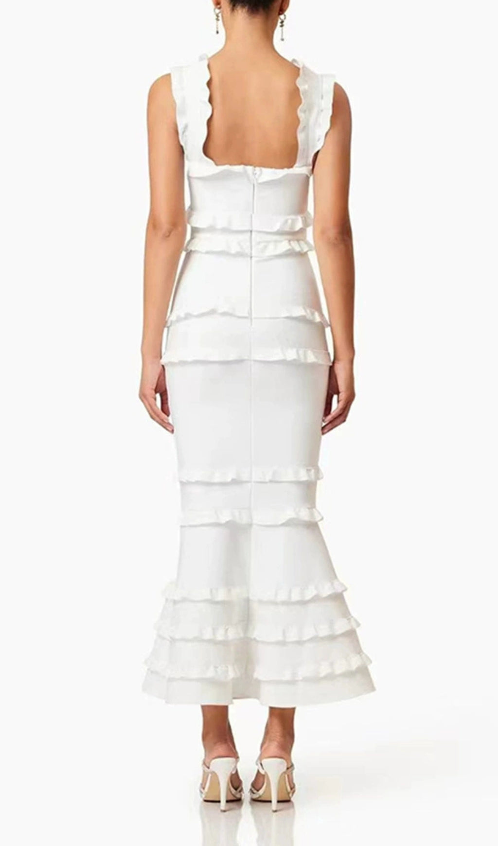 Duana Chic White Floral Ruffle Tiered Midi Dress